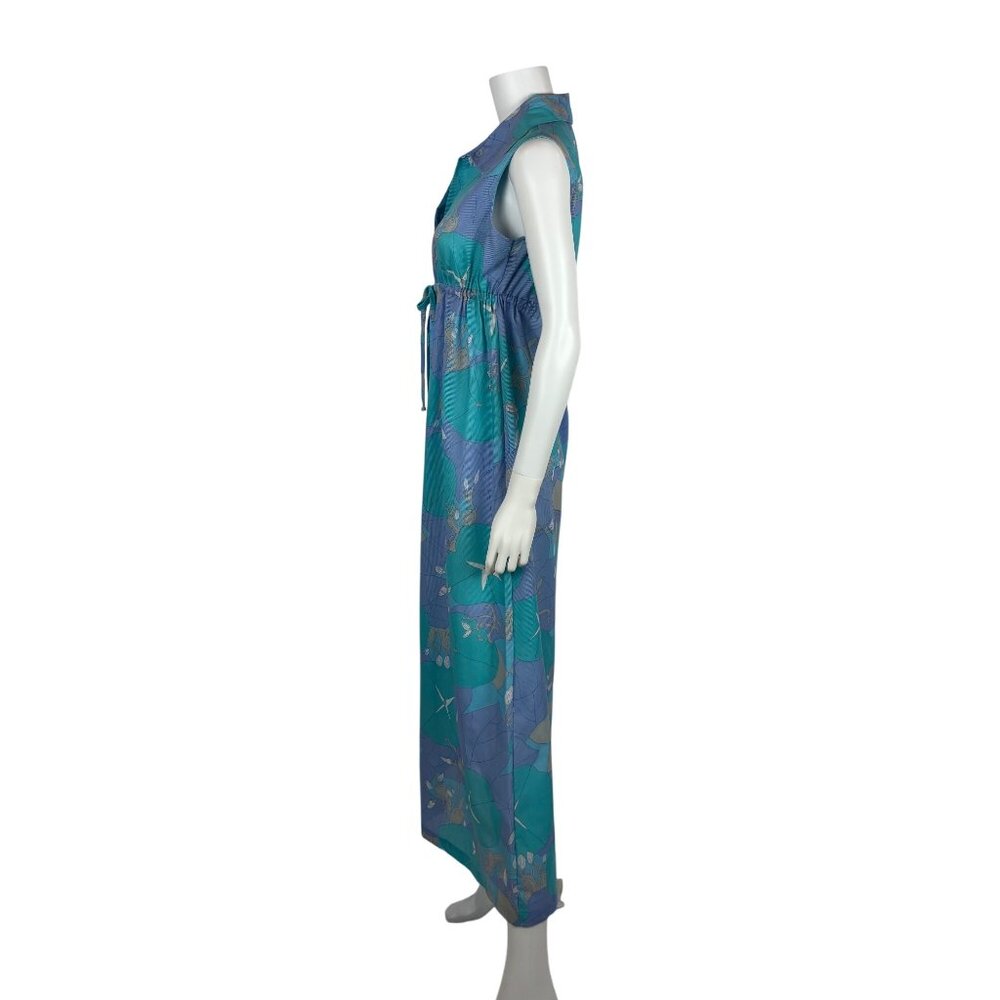 Vintage 70s Maxi Dress Womens Medium Trippy Aqua Lavender Tropical Empire Waist - Picture 10 of 13
